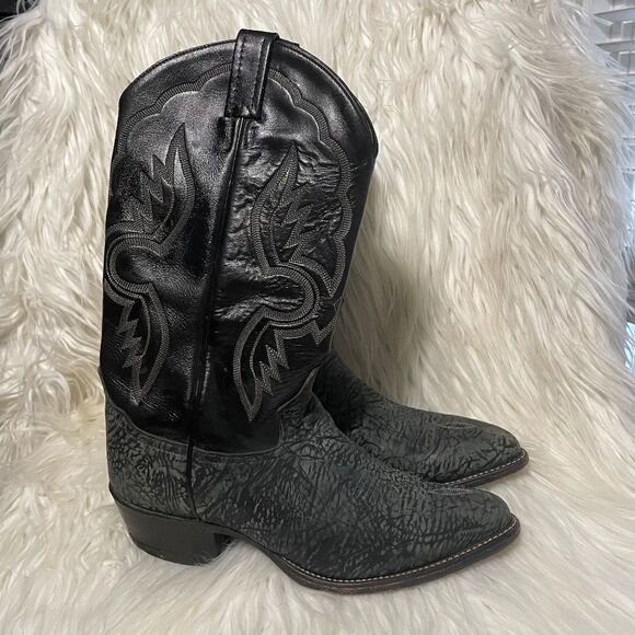 VTG Tony Lama‎ 6252 Black/Grey Shrunken Bull Shoulder Cowboy Boots Men 8D - Picture 1 of 9